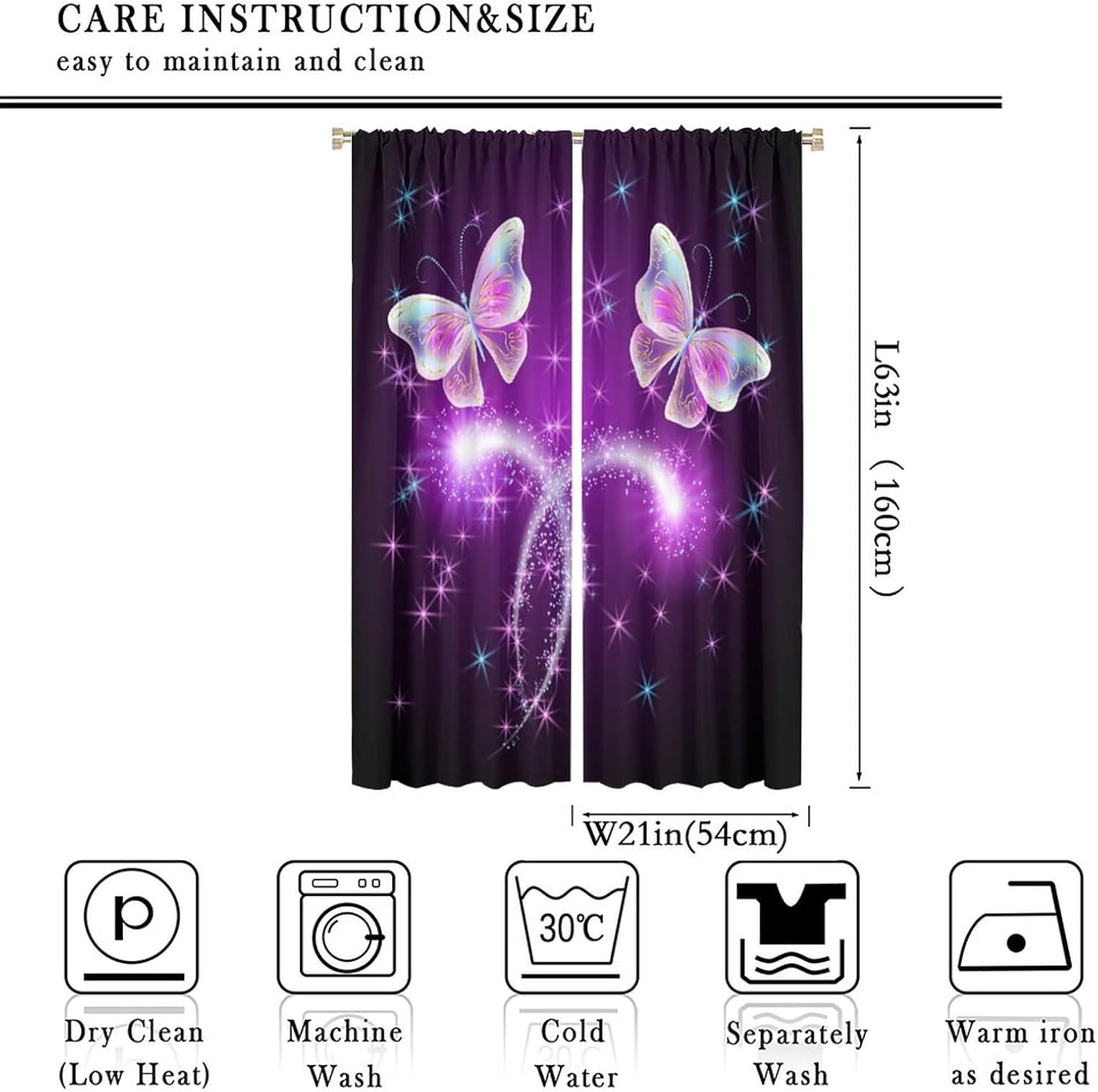 Cortinas de mariposas coloridas con diseño de mariposas brillantes y fuegos artificiales y estrellas brillantes, cortinas opacas con bolsillo para