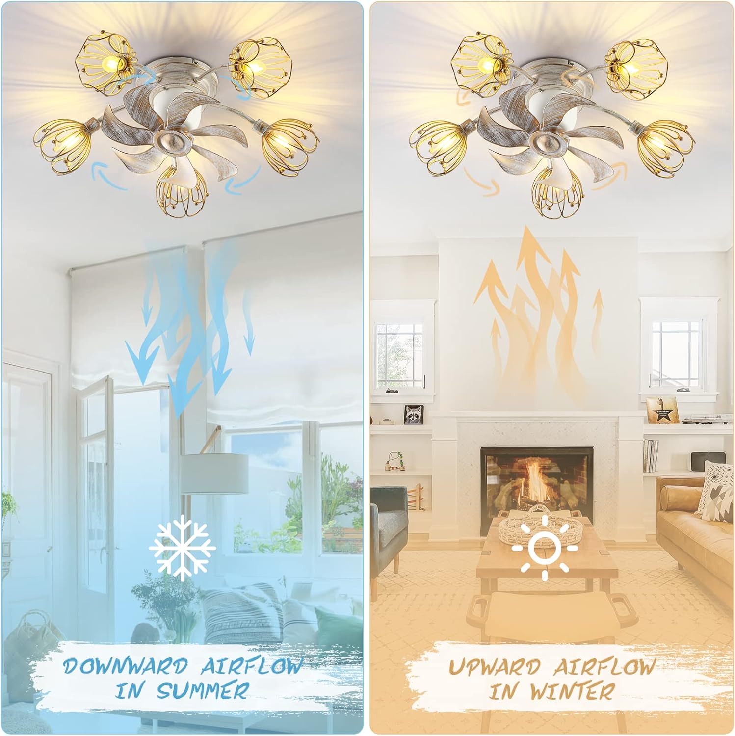 Ventiladores de techo de araña con luces, ventilador de techo oscilante y cuchillas reversibles, ventiladores de techo de estilo rústico retro