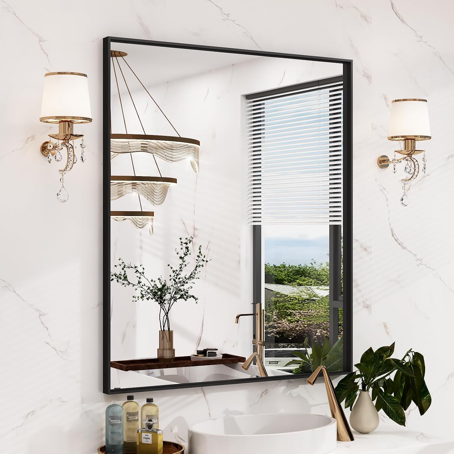 LUSABE Espejo de baño con marco negro de 30 x 36 pulgadas, espejo de tocador para pared, espejo rectangular moderno para granja, marco de aleación