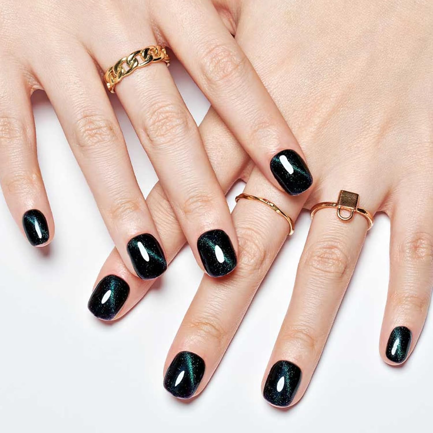 GLAMERMAID – Uñas de gel a presión con diseño de ojos de gato, cuadradas, hechas a mano, con purpurina negra y verde, uñas postizas cortas ovaladas