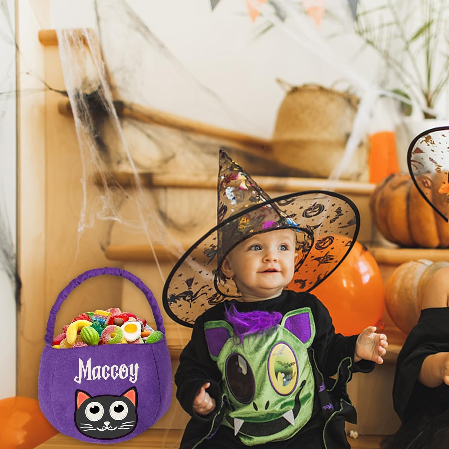 Bolsas de Halloween personalizadas, bolsa de dulce o truco, cesta de dulces con nombre personalizado para niños y niñas, gato