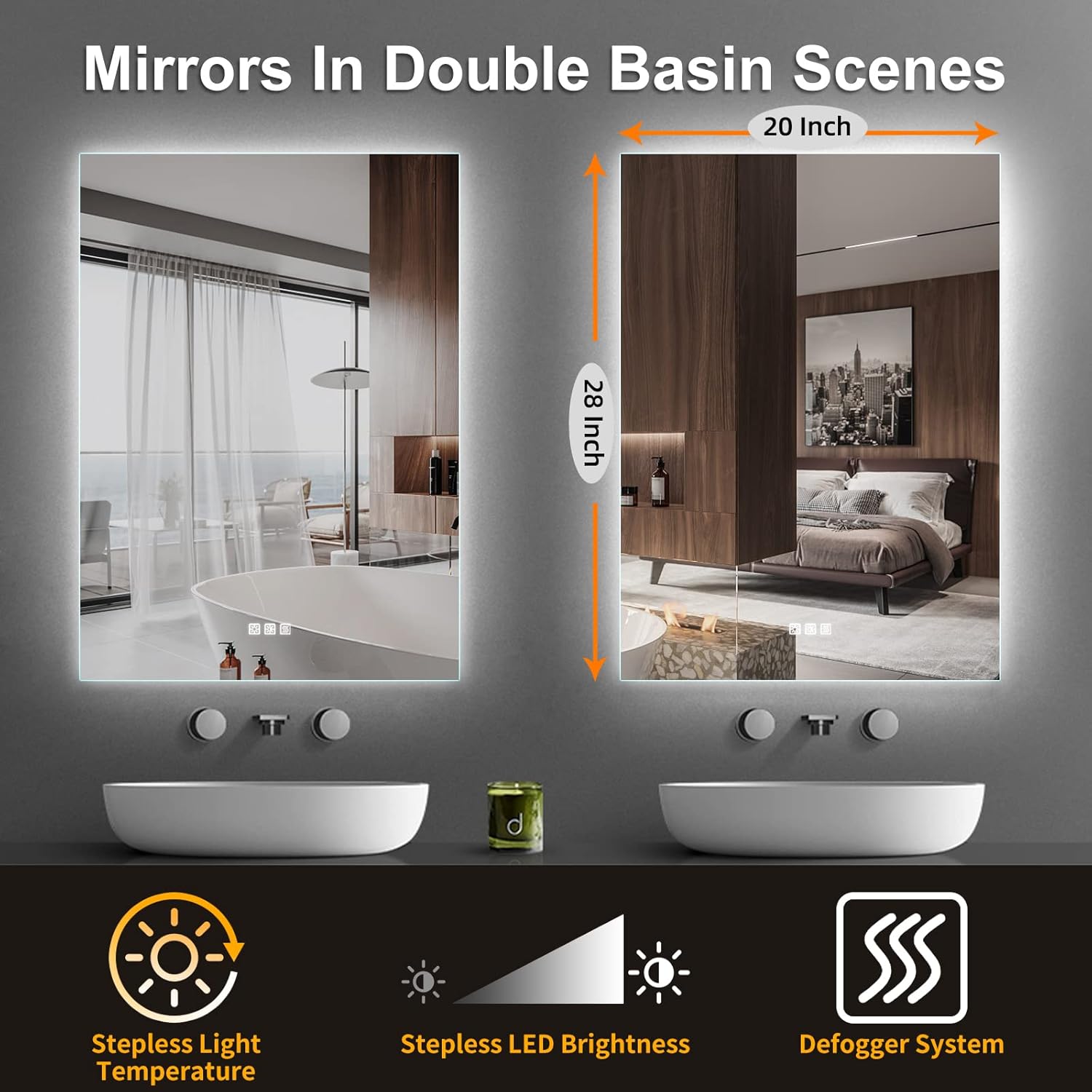 Benime Espejo de baño LED de 20 x 28 pulgadas, espejo de tocador de baño retroiluminado, espejo de tocador de baño retroiluminado para pared,