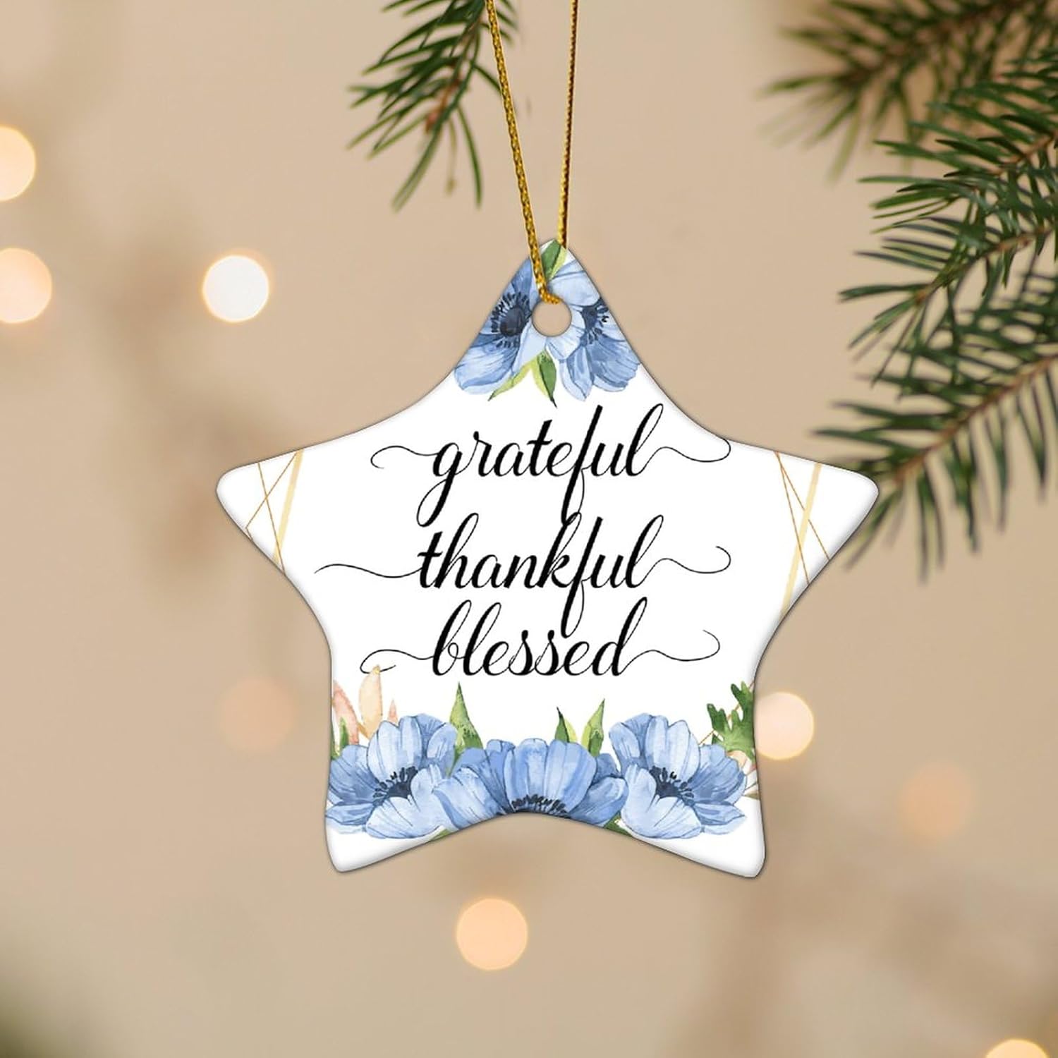 Corona floral Grateful Thankful Blesed, adorno decorativo de estrella plana de cerámica para decoración de árbol de Navidad, adorno de compromiso de