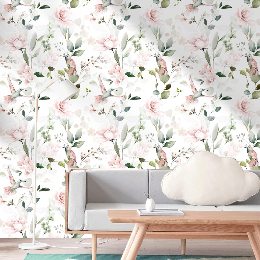 Meihodan Papel tapiz autoadhesivo vintage con peonía rosa, diseño de flores, pájaros, papel tapiz extraíble, para cubrir la pared, cajón de estante