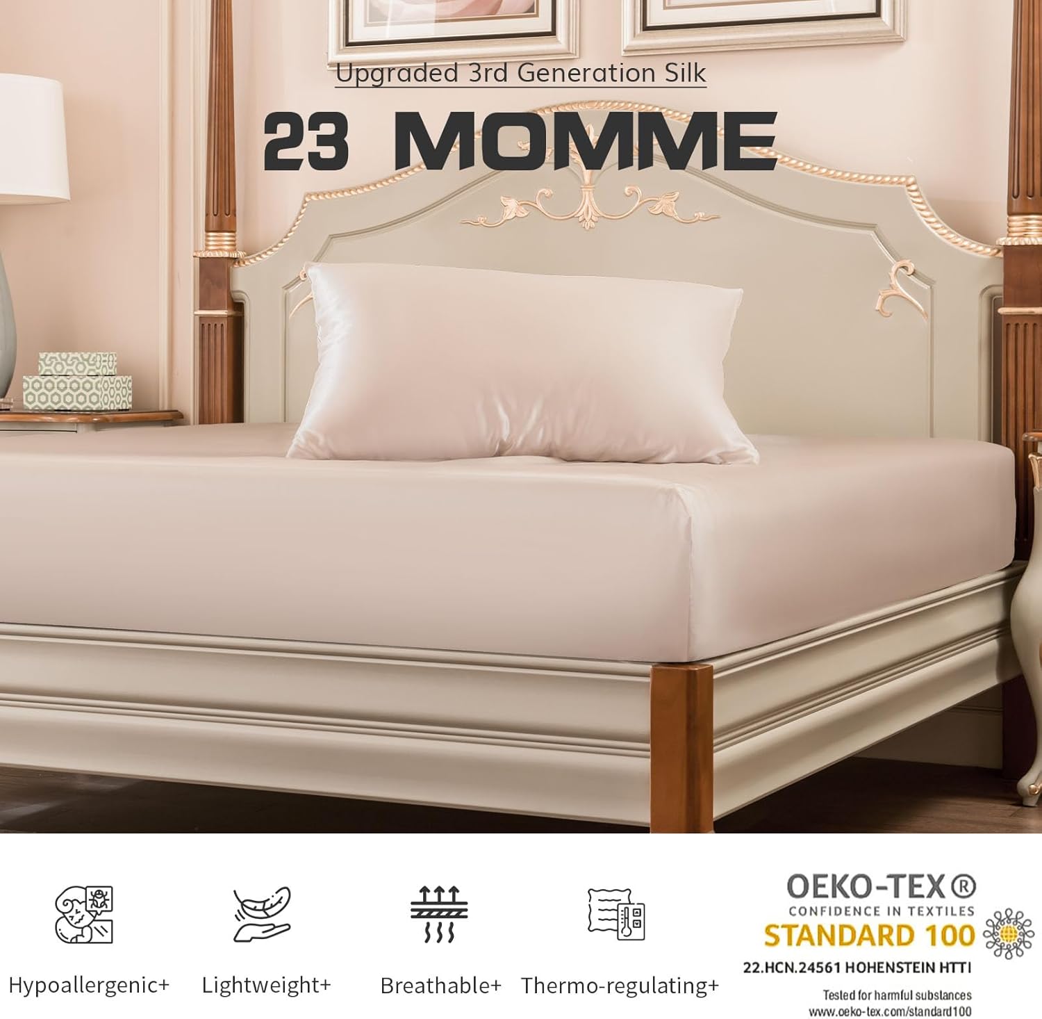 PROMEED Sábana bajera ajustable de seda natural 6A+ 23 Momme solamente, 1400 hilos, 100% seda de morera real, con bolsillo profundo de 16 pulgadas