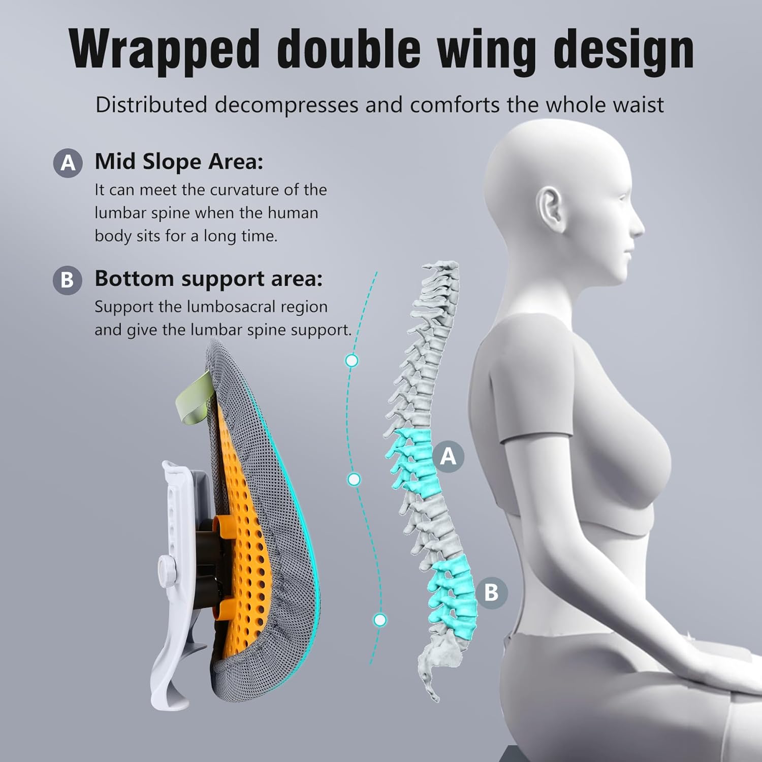 Cozyhealth Almohada de apoyo lumbar para silla de oficina y respaldo de automóvil, ergonómica ajustable de 5 niveles de altura, elástico, soporte de