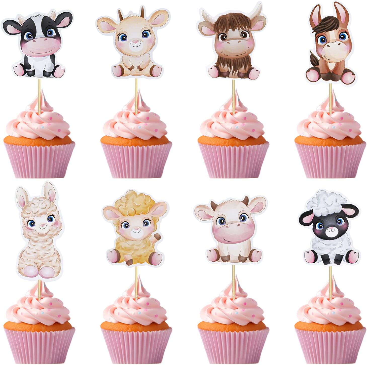 RAYNAG 32 piezas de adornos para cupcakes de animales de granja, decoración rústica para cupcakes, vaca, oveja, burro, decoración de pasteles para