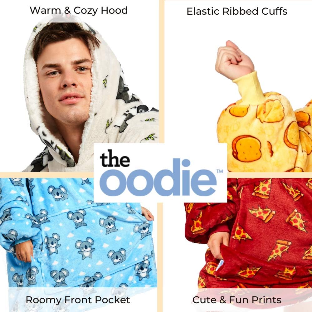 The Oodie – Sudadera extragrande con capucha para niños o adultos, muchos patrones y colores, mezcla entre sudadera y manta