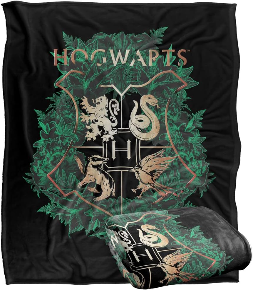 Harry Potter Hogwarts – Manta con diseño floral verde y dorado con licencia oficial, tacto sedoso, súper suave, 50 x 60 pulgadas