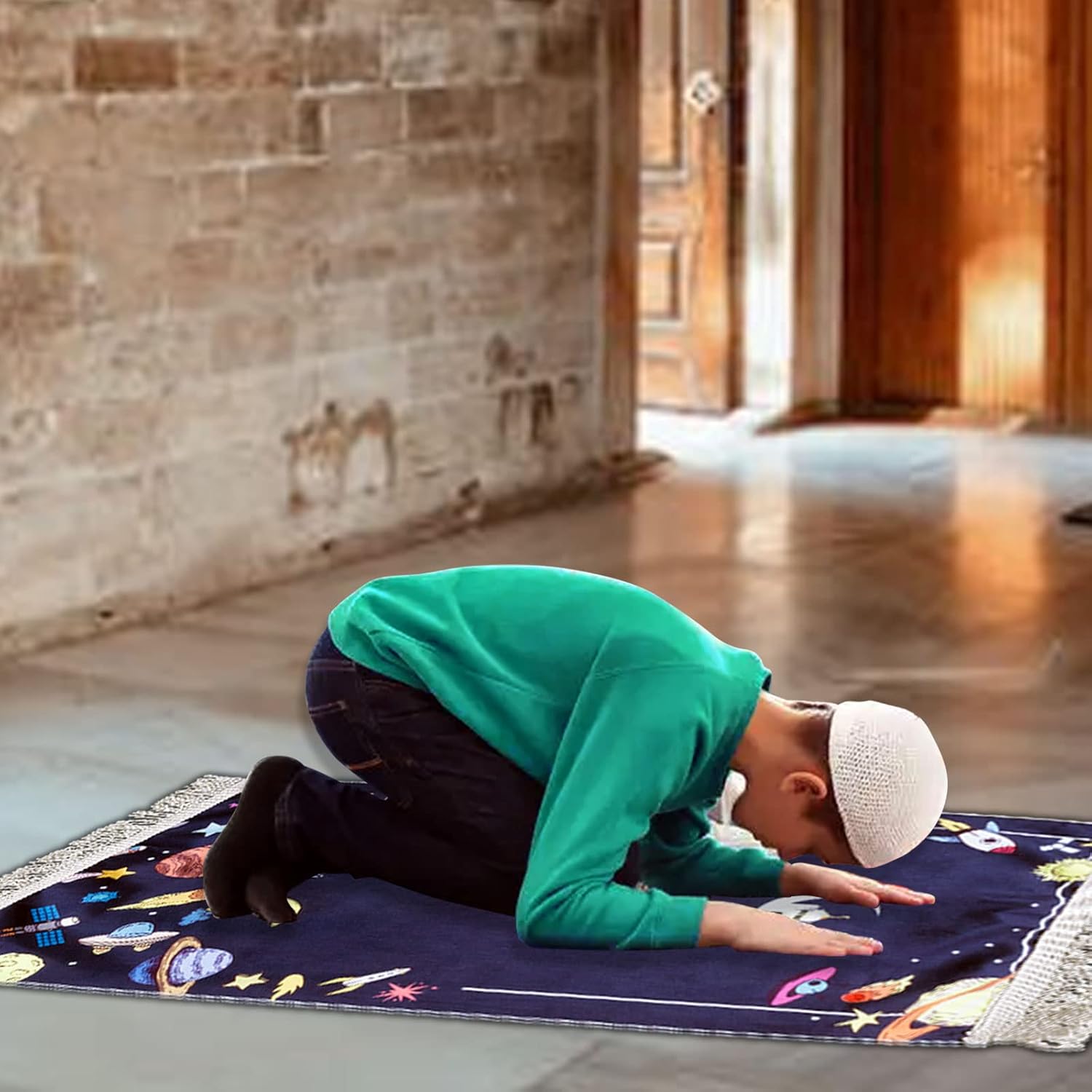 Alfombra de oración para niños, tapete de oración, alfombra de oración de dibujos animados para regalo de niños, regalos de Ramadán (morado)