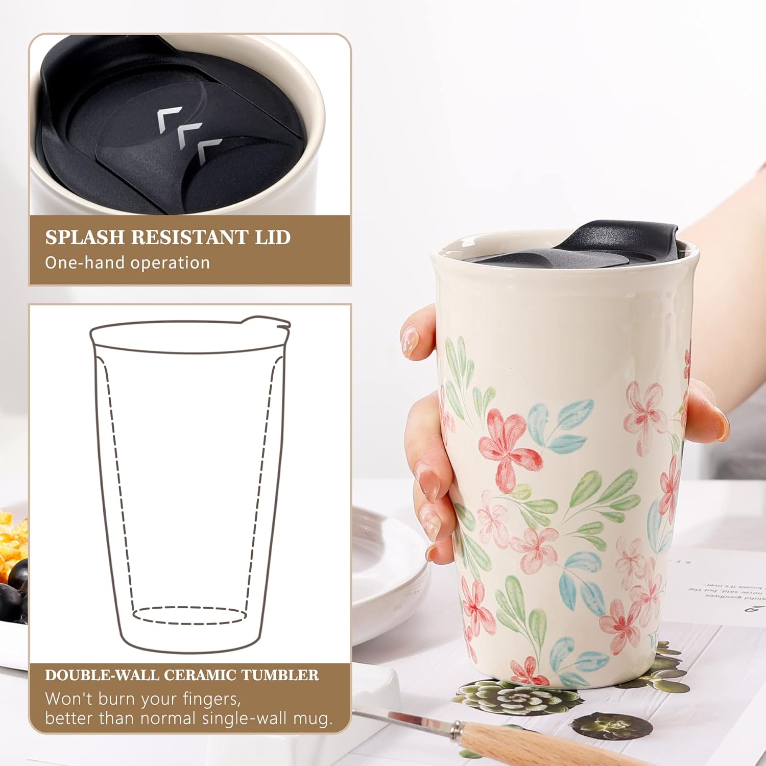 ANTIS’S HOME Taza de viaje de cerámica con tapa, taza de café de doble pared con patrón de flores, vaso de café de 10 onzas, taza alta reutilizable,