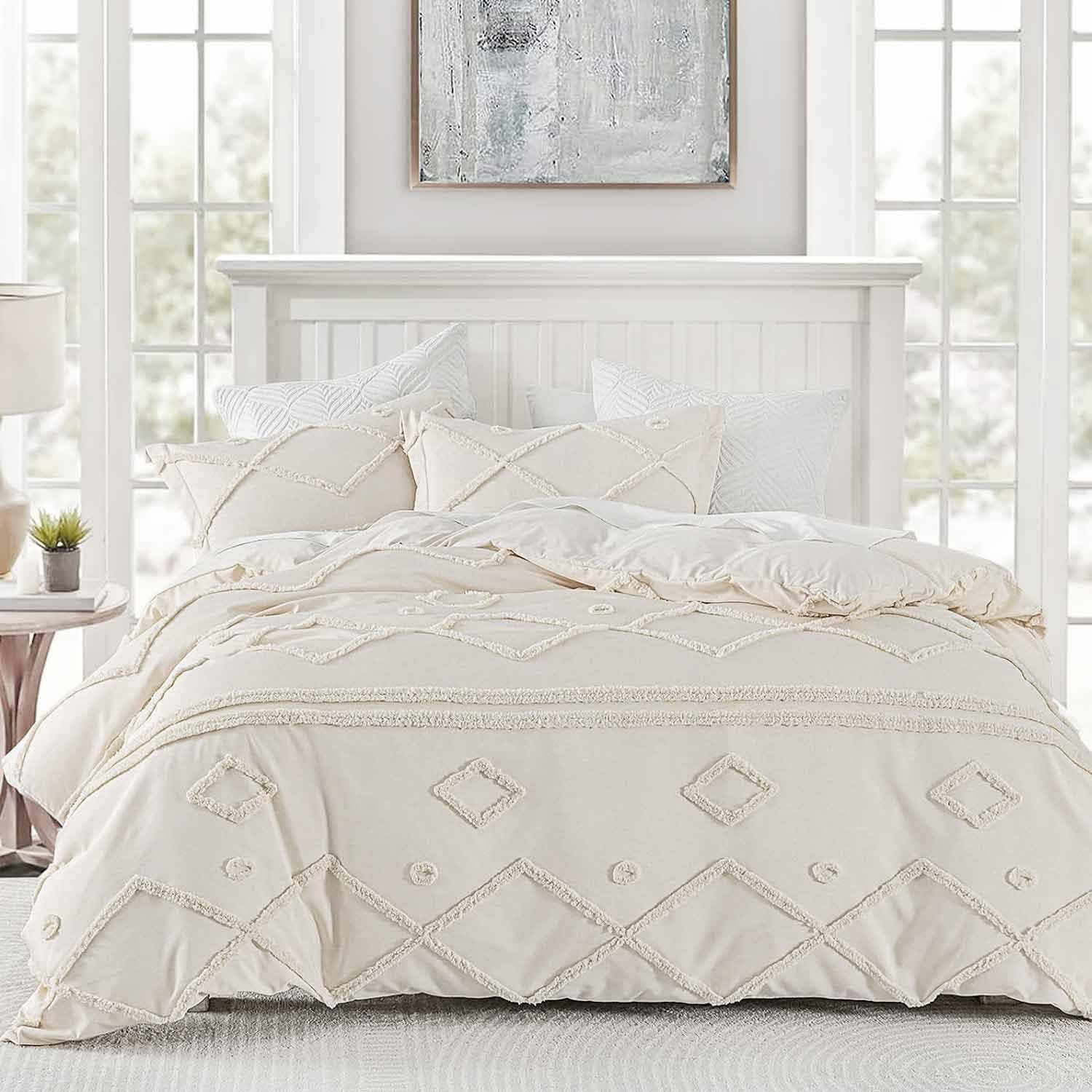 Juego de edredón beige tamaño matrimonial, juego de ropa de cama reversible con textura jacquard geométrico bohemio con textura de plumón