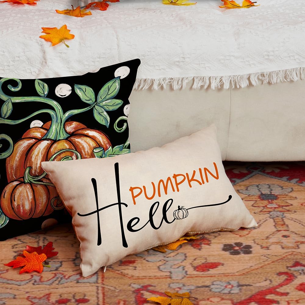DFXSZ Fundas de almohada de otoño de 12 x 20 pulgadas, funda de cojín de calabaza con texto en inglés “Hello Pumpkin”, decoración de otoño, para