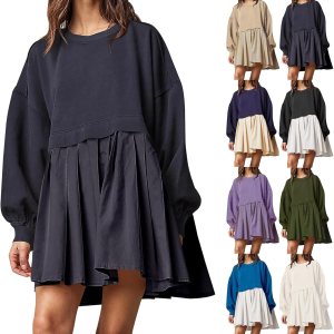 Jielayou Vestido de sudadera de gran tamaño para mujer, manga larga, retazos, cuello redondo, sin botones, para otoño, plisado, mini vestido Jielayou Vestido de sudadera de gran tamaño para mujer, manga larga, retazos, cuello redondo, sin botones, para otoño, plisado, mini vestido