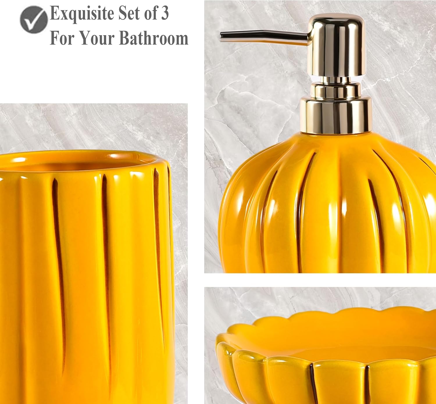 Juego de accesorios de baño de cerámica de 3 piezas, juego de accesorios decorativos para encimera de baño, forma de calabaza, amarillo