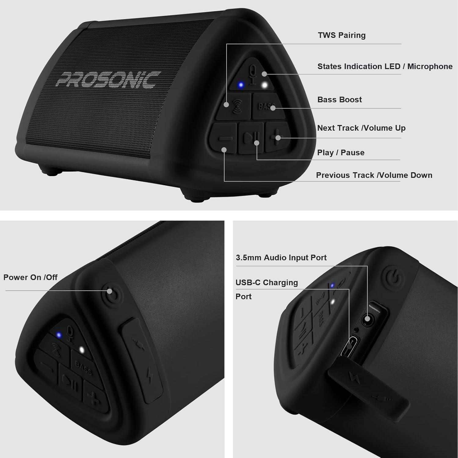 Prosonic BT3 – Altavoz Bluetooth inalámbrico portátil con sonido estéreo de 10 W y refuerzo de graves – Sonido rico y graves intensos – Bluetooth