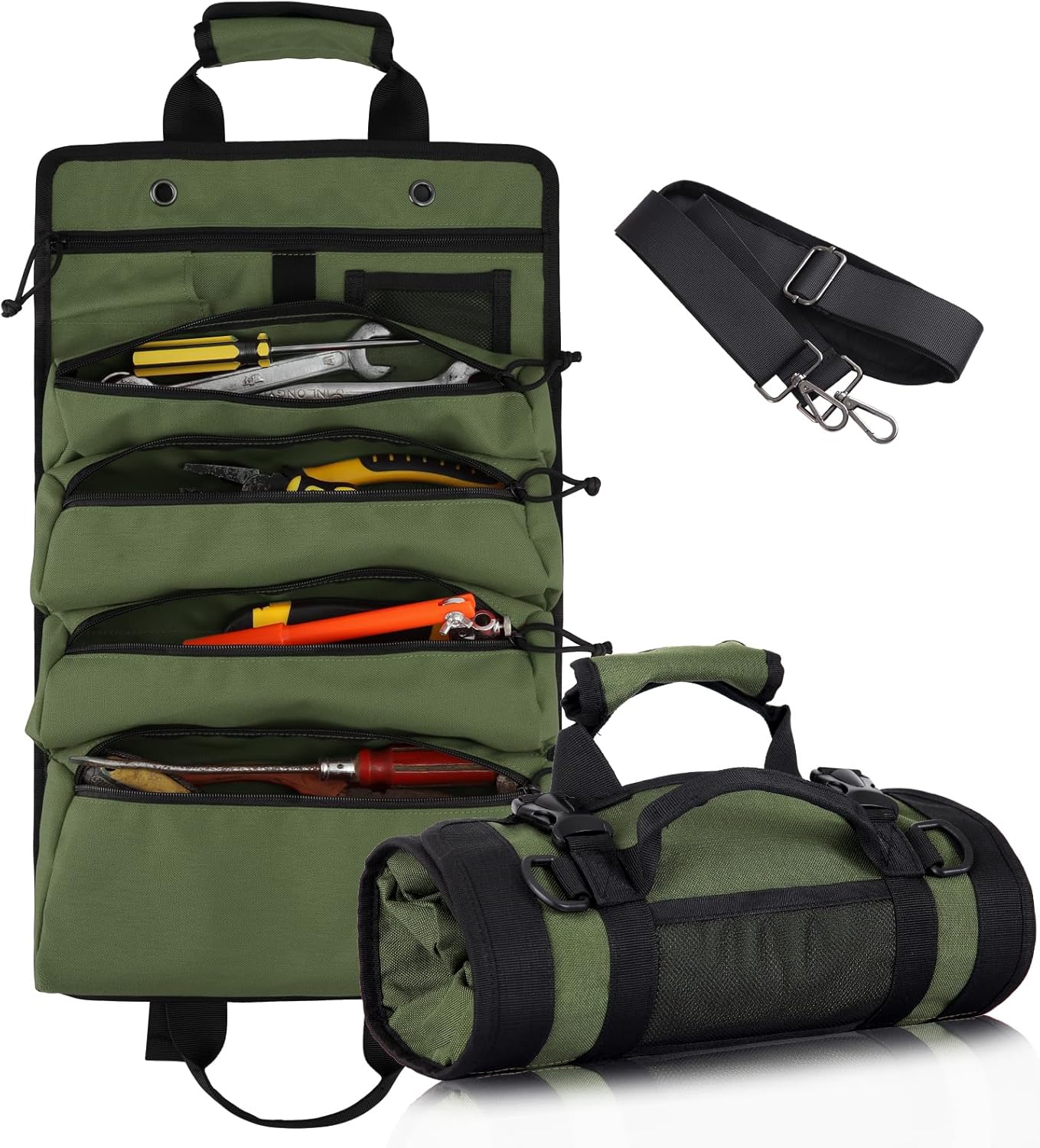 Koolertron Organizador de bolsa de herramientas enrollable, bolsa de almacenamiento de herramientas para múltiples herramientas, 4 cremalleras, lona