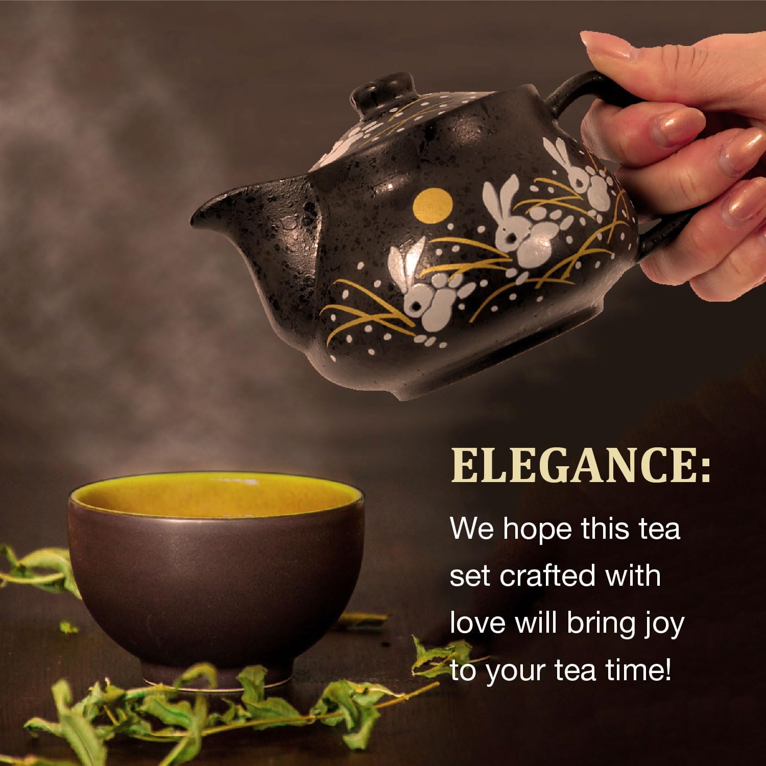 HAKONE YOSEGI Tetera japonesa Kutani Yaki de conejo Kutani Yaki de 10 onzas con infusor extraíble, taza con asa, tetera segura para estufa, set de