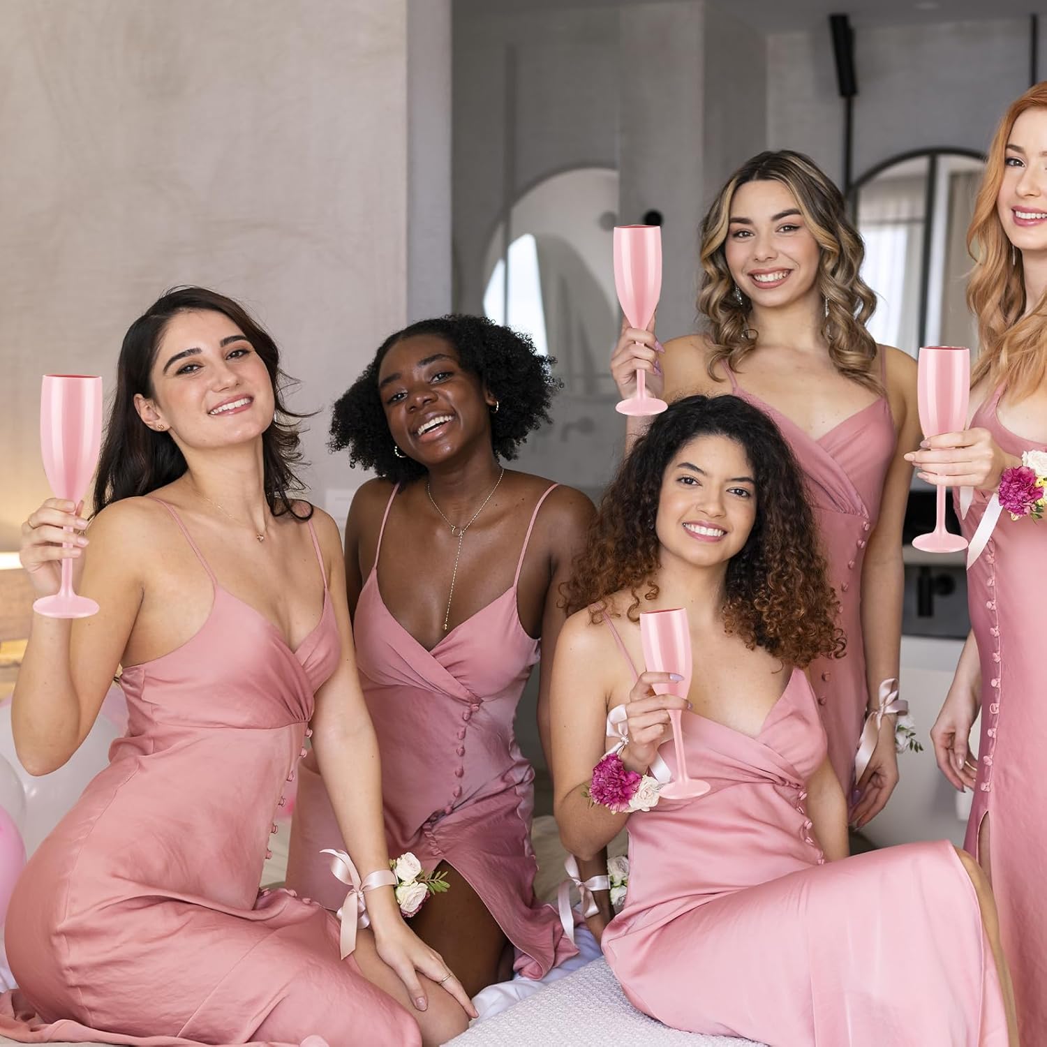 12 copas de champán rosa, cristalería de boda, copas de vino de plástico para beber champán, copas de vino rosa, agua de oro rosa para decoraciones