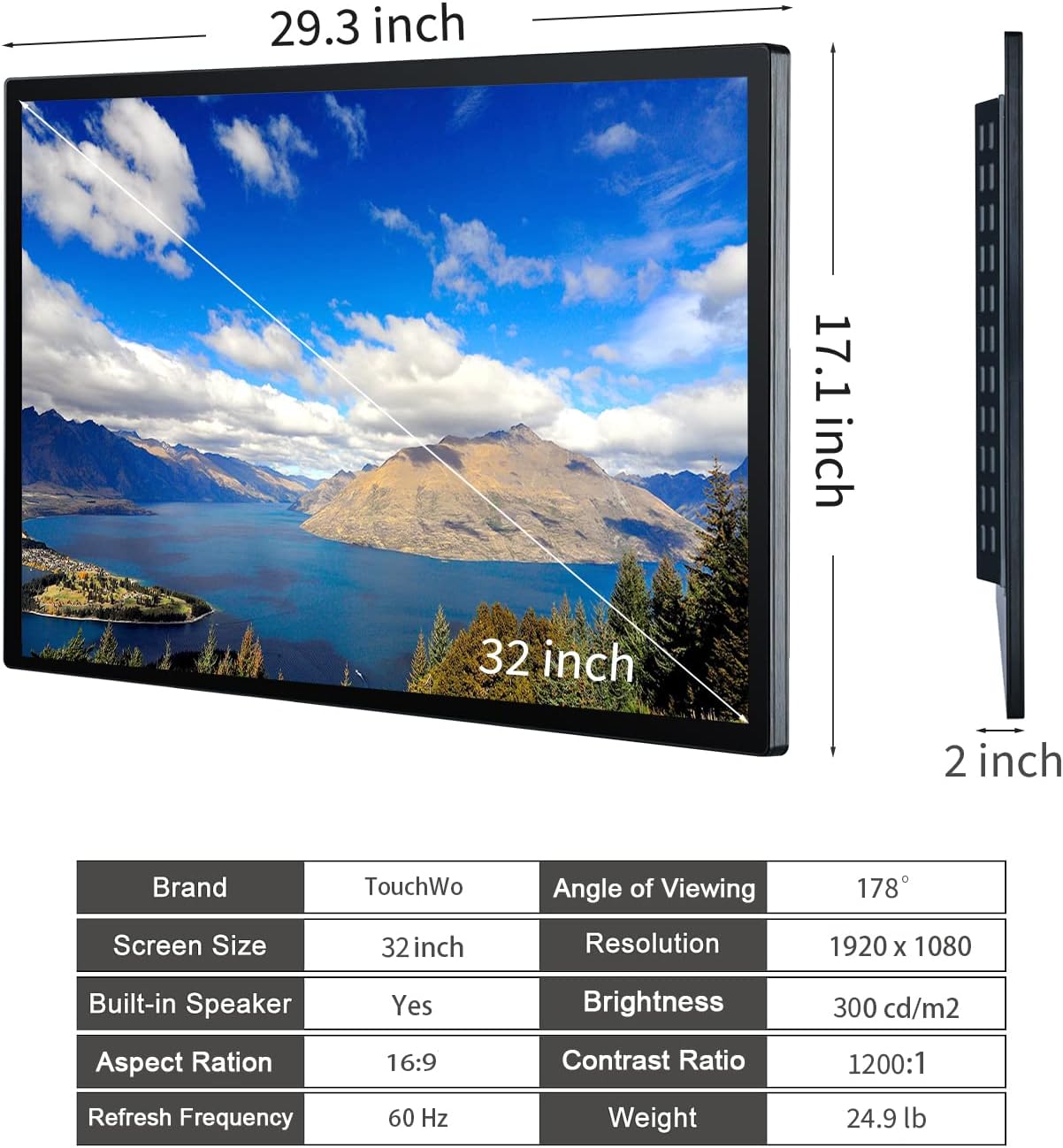 Monitor industrial de pantalla táctil capacitiva de 32 pulgadas, pantalla 169 1920 x 1080P, altavoces incorporados, puertos USB, VGA, DVI y HD-MI,