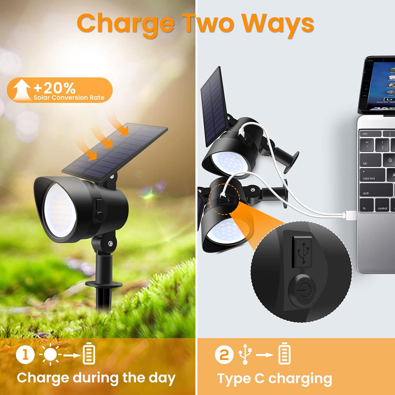 Solar Spot Lights Outdoor with 3 Lighting Modes, Solar Led Landscape Lights with Solar & USB Charging, Flood Lights Outdoor Patio Decor Lights IP65