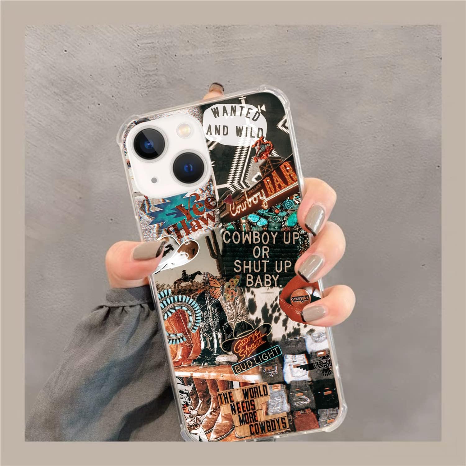 GialCenik Funda de collage de vaquera occidental para iPhone 15 Plus, funda de TPU con diseño único y moderno de poliuretano termoplástico