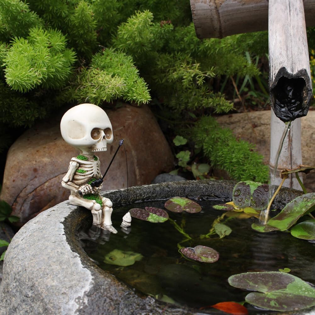 2 adornos de esqueletos de pesca para jardinería, estatua de esqueleto de pesca, figuras de resina, figuras de Halloween, estatuas de calavera de