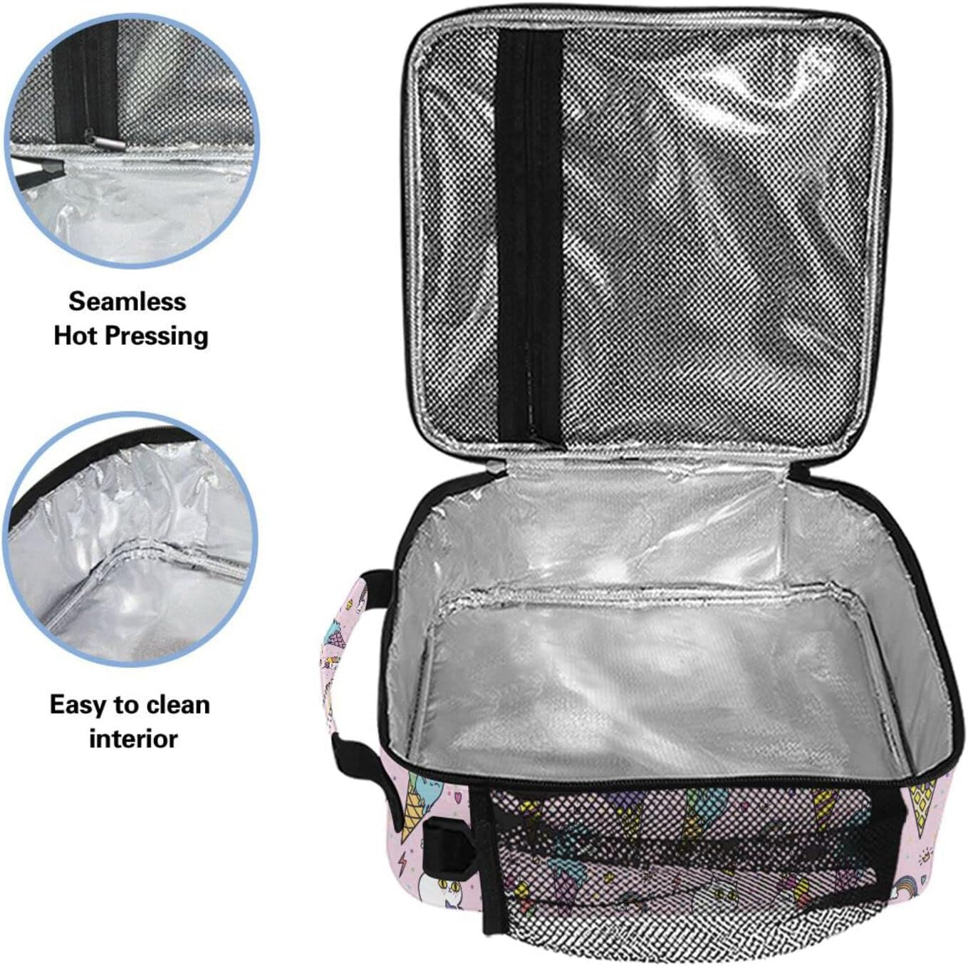 Linda bolsa de almuerzo con diseño de cono de unicornio y lunares rosados para niñas y niños, lonchera pequeña con aislamiento térmico para niños