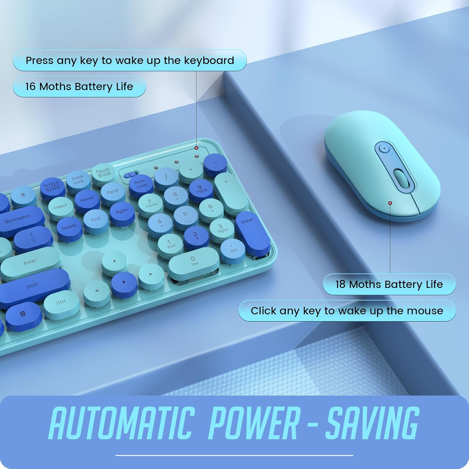 LIZRROT – Teclado y mouse inalámbricos, teclado y mouse combinados, teclado colorido de tamaño completo con teclas redondas, bonito mouse de 2.4 G