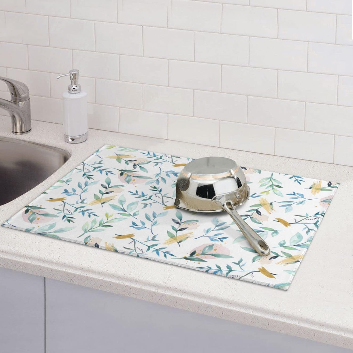 Tapete de secado de platos de hojas verdes azules para encimera de cocina, XL, 18 x 24 pulgadas, almohadilla absorbente de microfibra blanca para