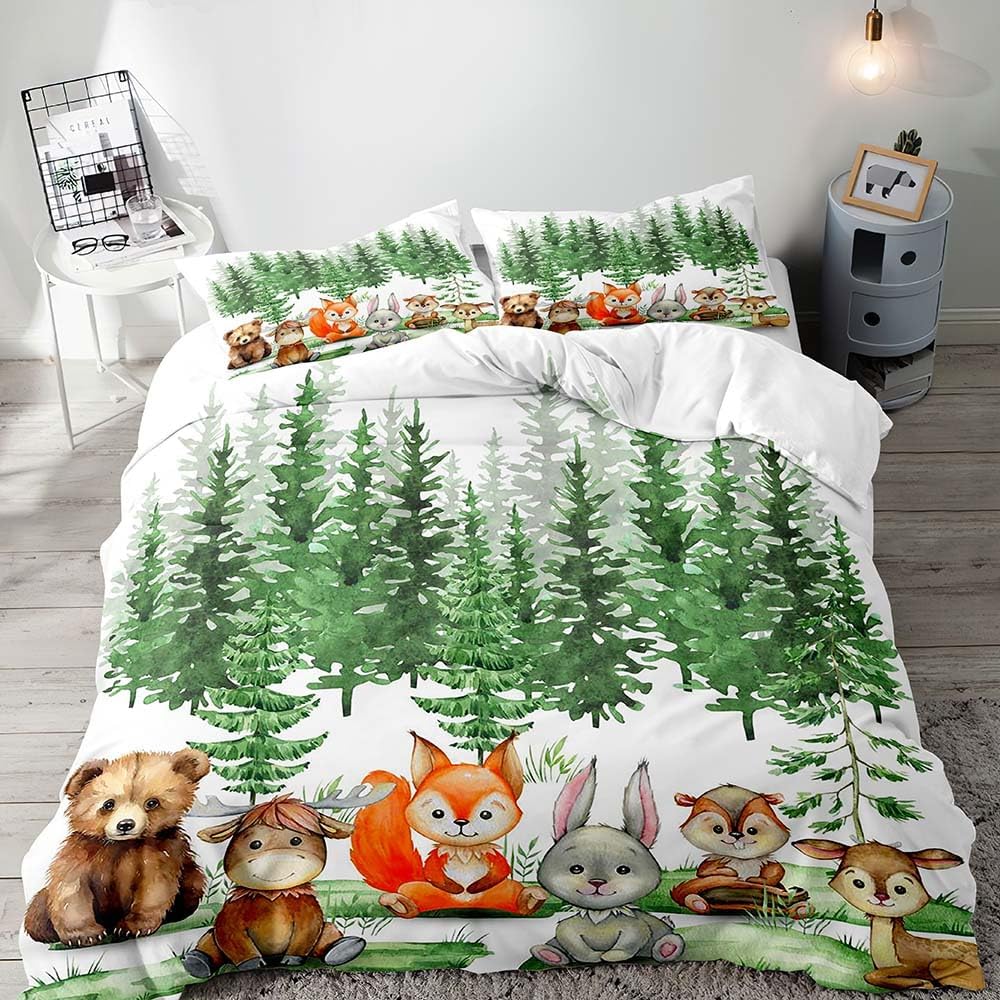 LUVIVIHOME Juego de ropa de cama de 2 piezas con diseño de oso y ciervo, alce, conejo, ardilla, zorro, funda de edredón individual, ropa de cama