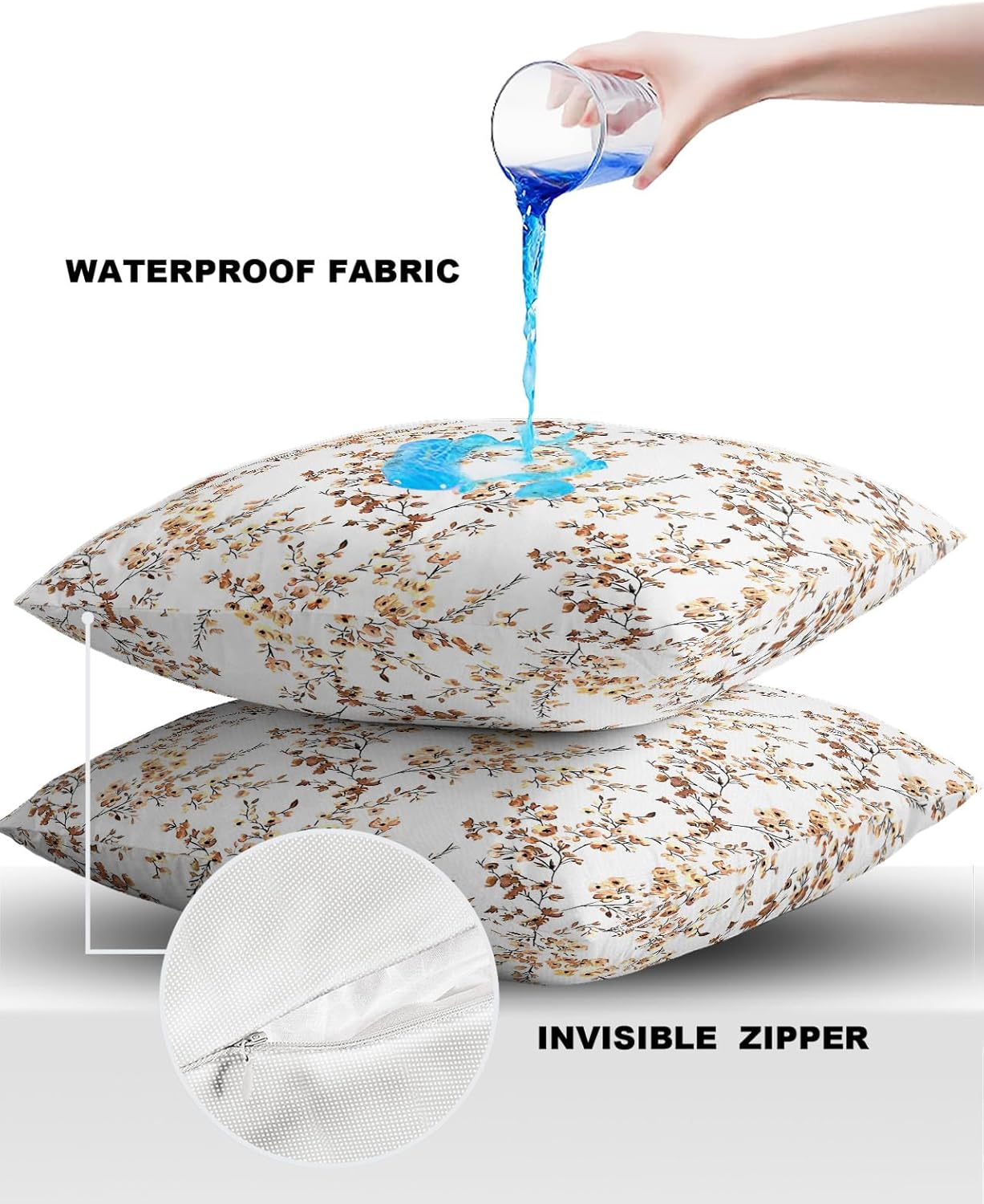 Paquete de 2 fundas de almohada cuadradas de 18 x 18 pulgadas, funda de cojín impermeable con textura floral amarilla y marrón para sofá,