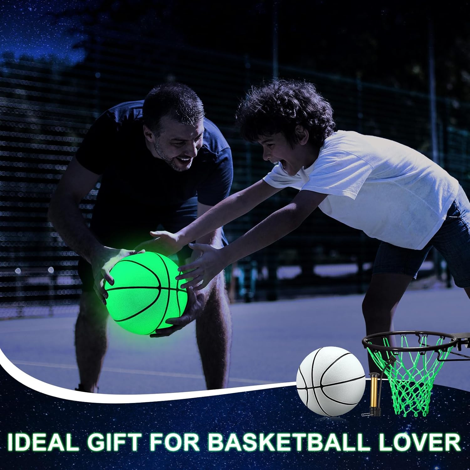 3 Pcs Glow in The Dark Basketball Set, Includes Size 7 Glowing Basketball Light up Nightlight Net with Pump for Hoop Luminous Sports Gift for Kids