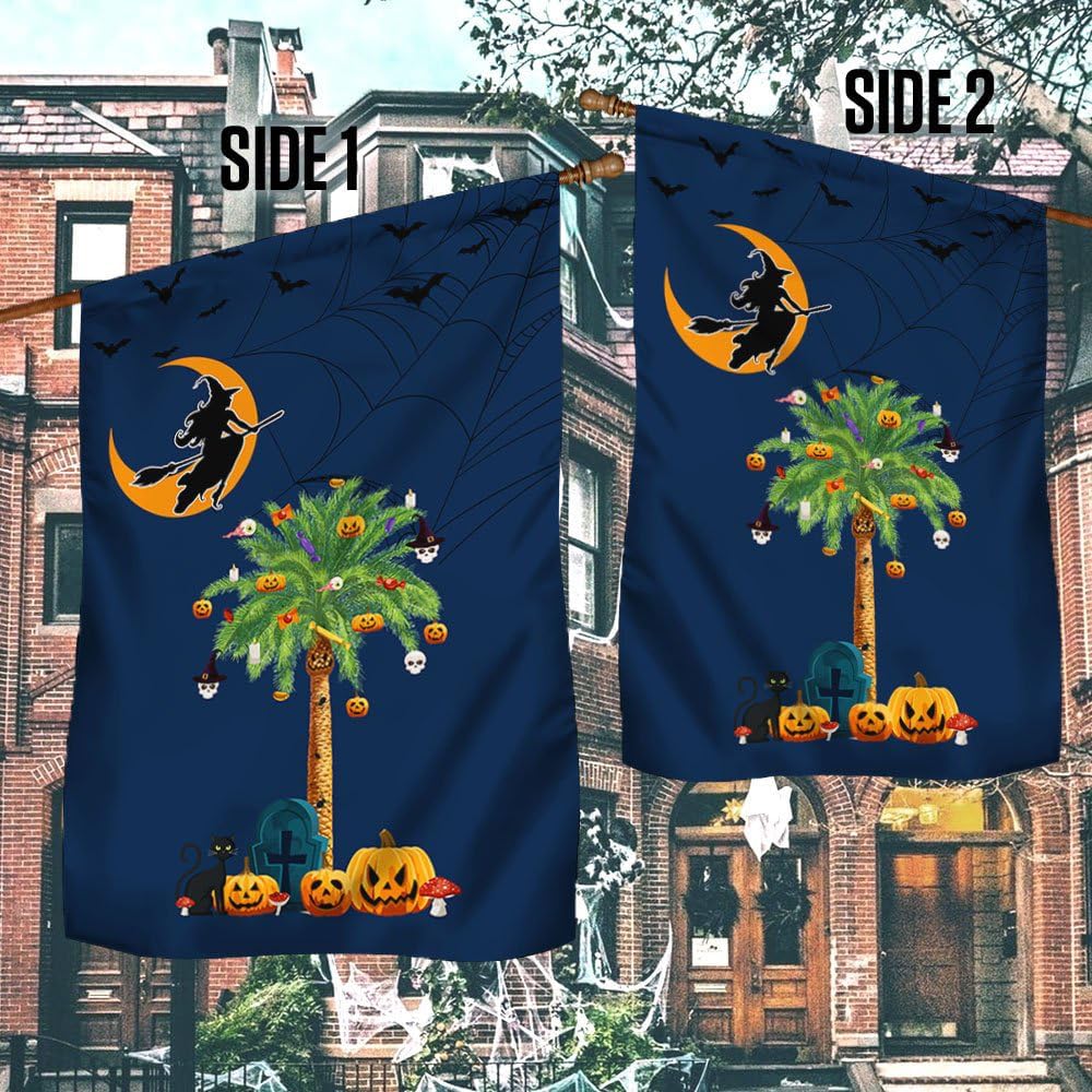 Bandera de brujería de Halloween de Carolina del Sur, calabazas, palmeras, Carolina del Sur, bandera de jardín de Halloween