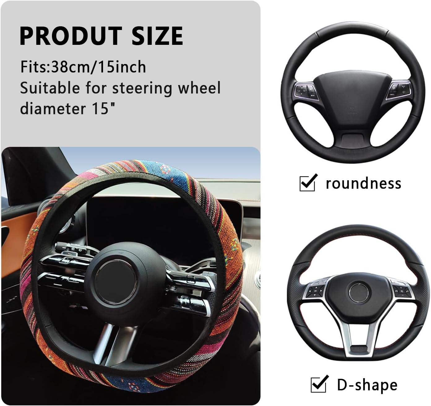 Funda para volante de automóvil de 15 pulgadas, funda elástica bohemia para volante de automóvil para mujeres y hombres, accesorios universales para