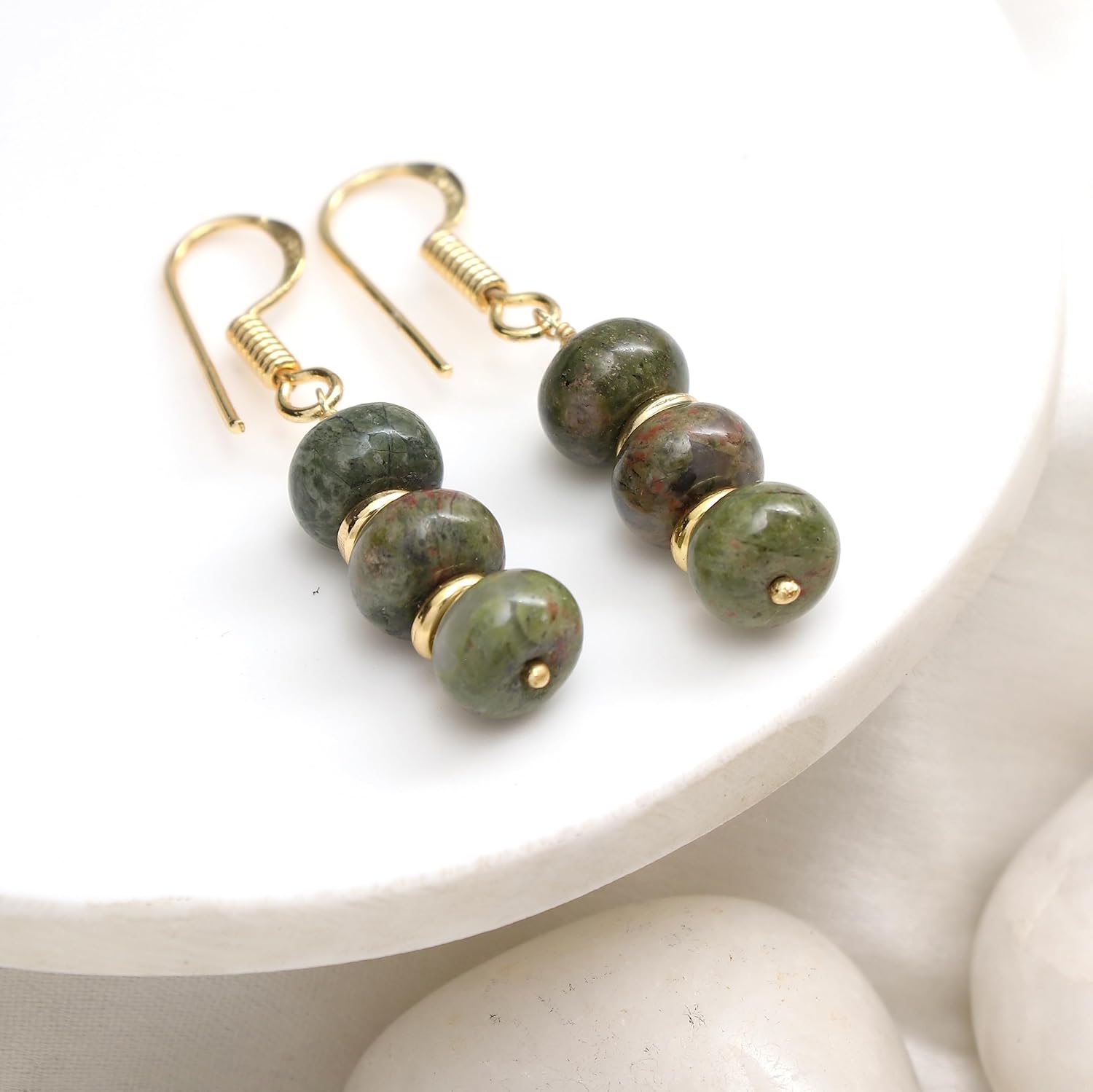 Gempires Mother’s Day Gift Unakite Rondelle Beads Earrings, Dangling Earrings, Crystal Earrings for Girls,14k Gold Plated Hook Earrings, Handmade