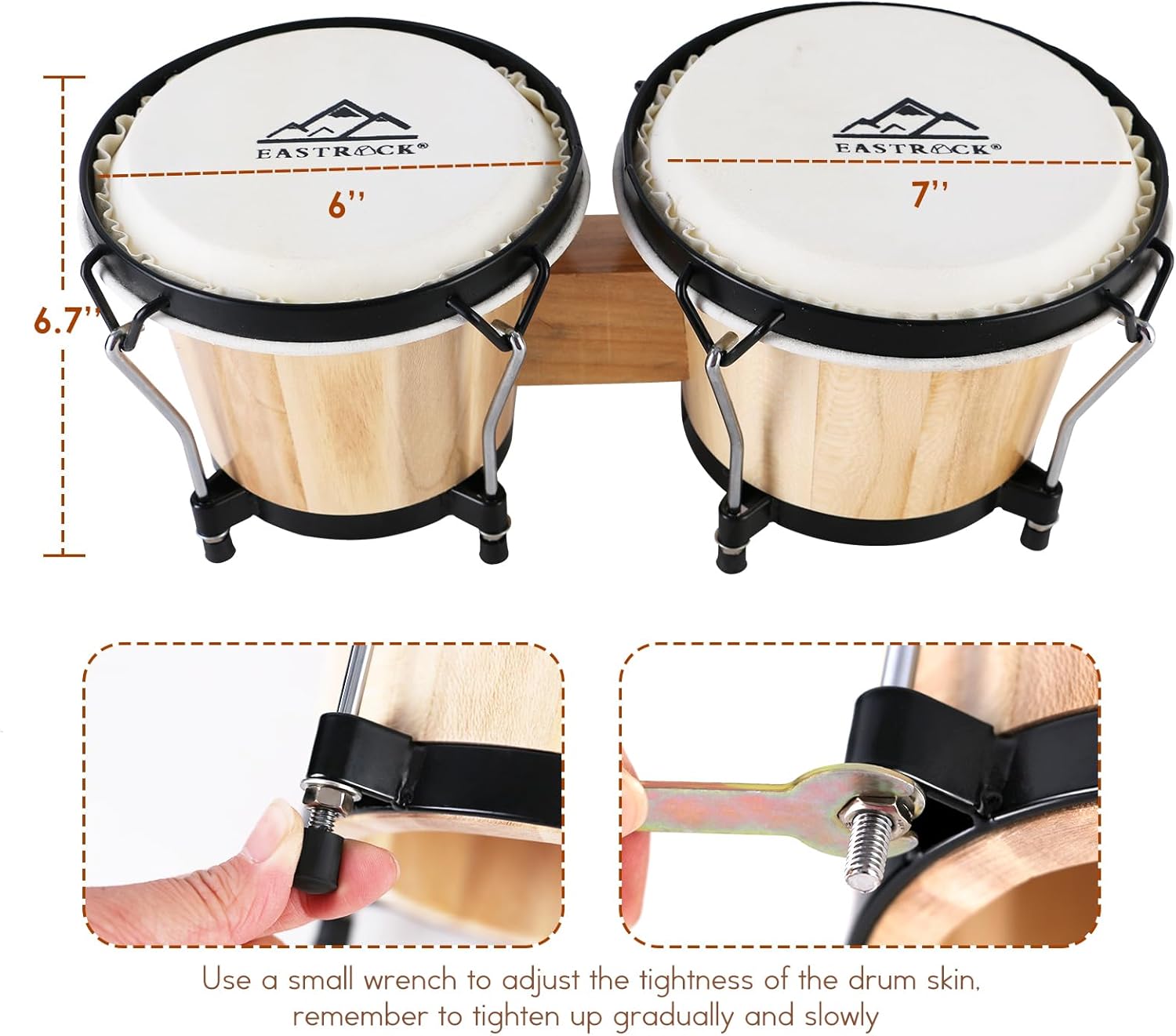 EastRock Bongo – Juego de tambor de 6 y 7 pulgadas para adultos, niños, principiantes, profesionales, instrumentos de percusión de madera y metal