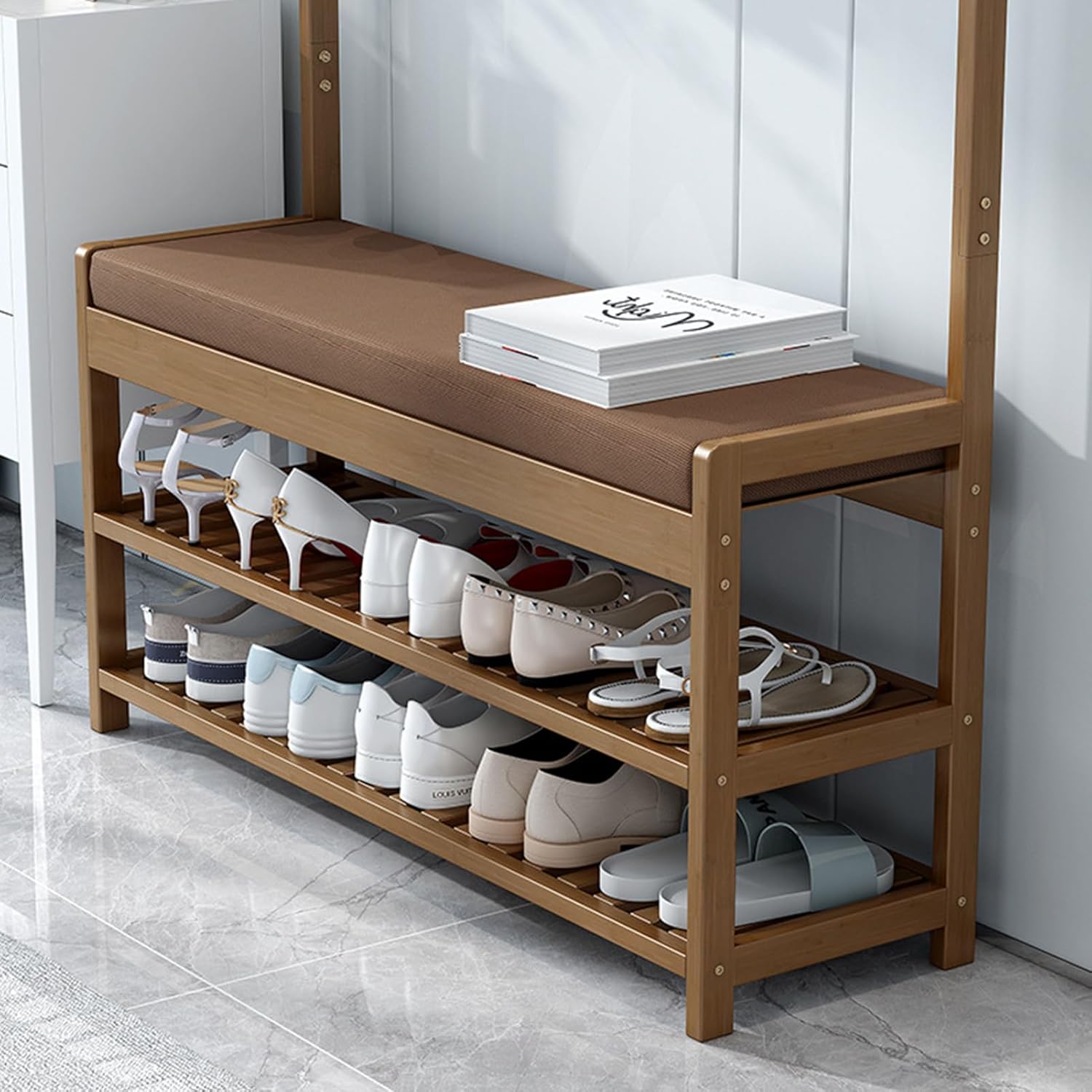 Perchero de madera con banco y almacenamiento de zapatos, zapatero independiente 3 en 1 y perchero para entrada, sala de estar, estante de