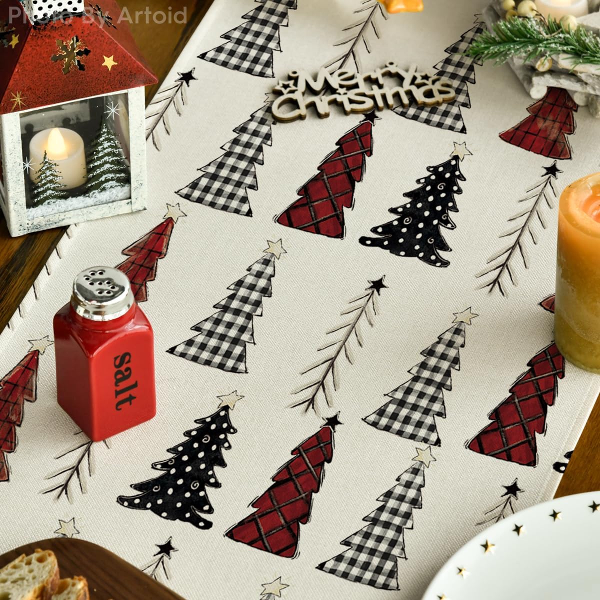 Artoid Mode Camino de mesa de árbol de Navidad, decoración de mesa de comedor de cocina de invierno de temporada para decoración de fiesta del