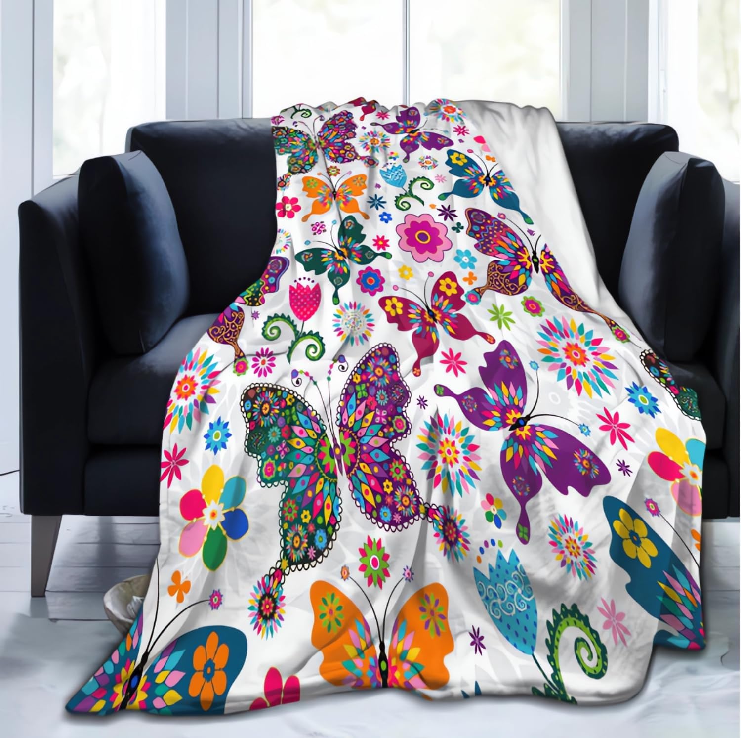 Zhung Ree Manta de franela de forro polar de microfibra de flores de mariposa coloridas, mantas duraderas para sofá, decoración del hogar, perfecta