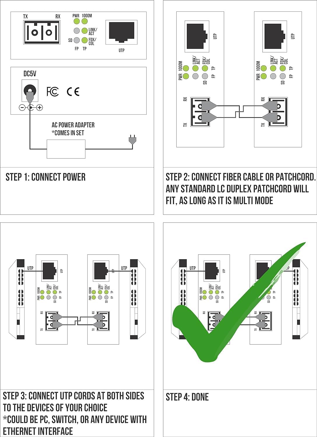 Convertidor multimodo de fibra Gigabit LC de 850 nm – Incluye SFP 1,804.5 ft (0,34 millas) LC – a UTP Cat5e Cat6 101001000 RJ-45 – Sensor automático