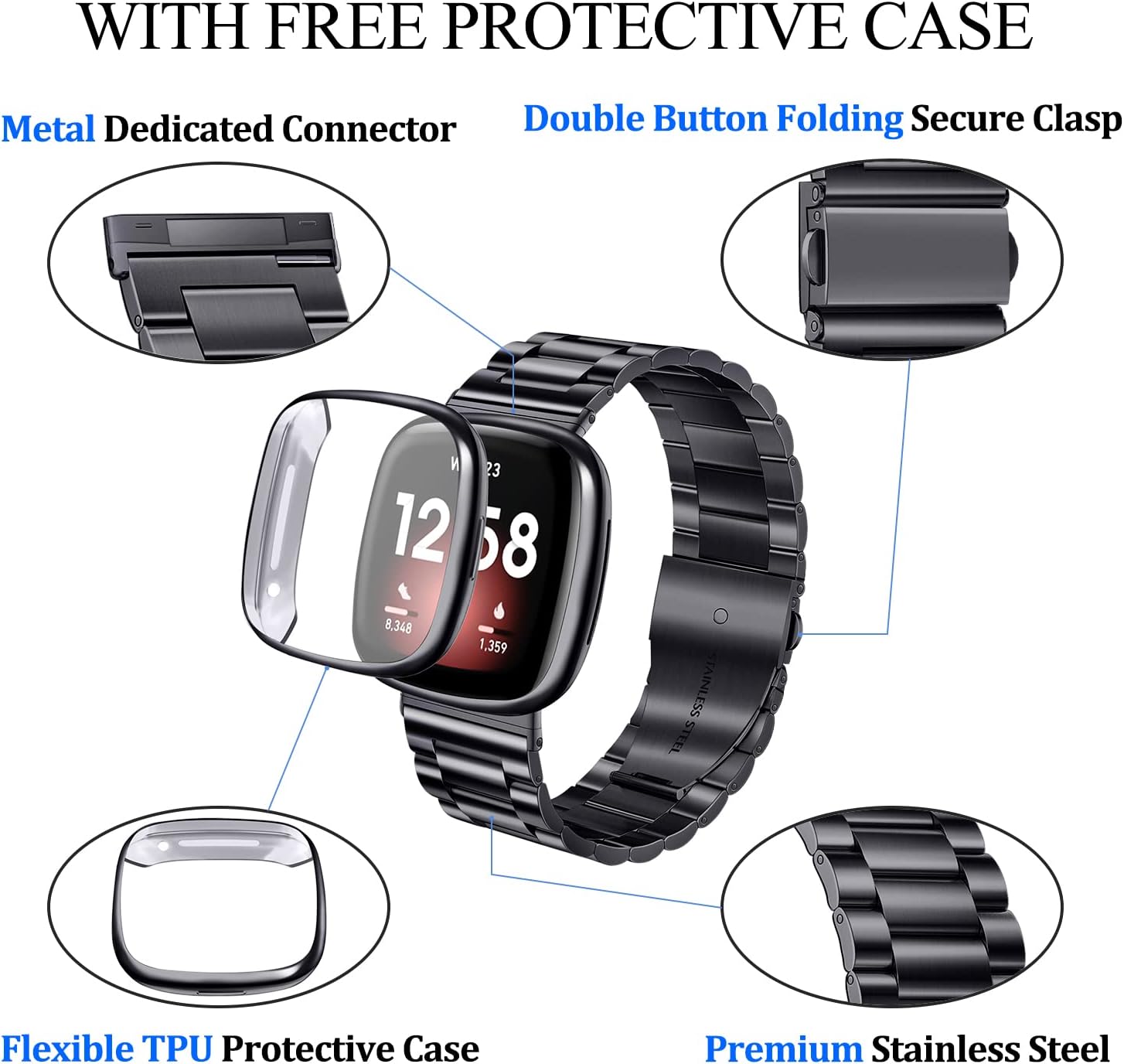 ZPJPPLX Correa de acero inoxidable sólido para Fitbit Versa 4Sense 2 con funda de reloj, correas de repuesto de metal Versa 3Sense y funda