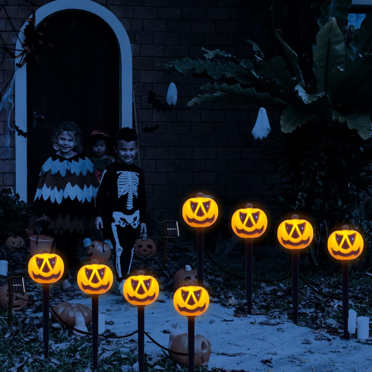 Luces solares para decoración de Halloween al aire libre, 4 piezas impermeables de Halloween, luces de estaca de calabaza iluminadas para Halloween,