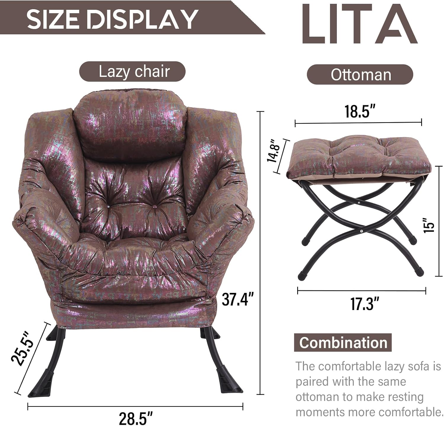 LITA Silla Lazy con otomana, moderna silla tapizada para ocio, silla de lectura con reposabrazos y un bolsillo lateral para sala de estar,