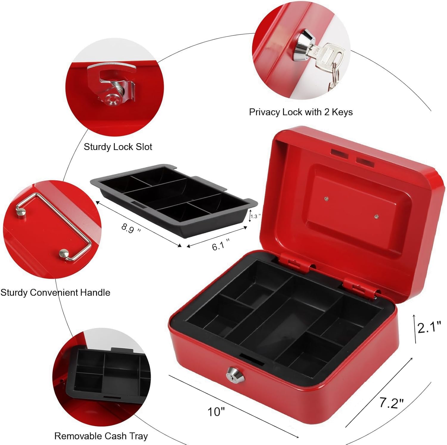 Sgorlds Caja de dinero grande con cerradura con bandeja extraíble para monedas, caja de dinero de metal segura portátil con cerradura de llave,