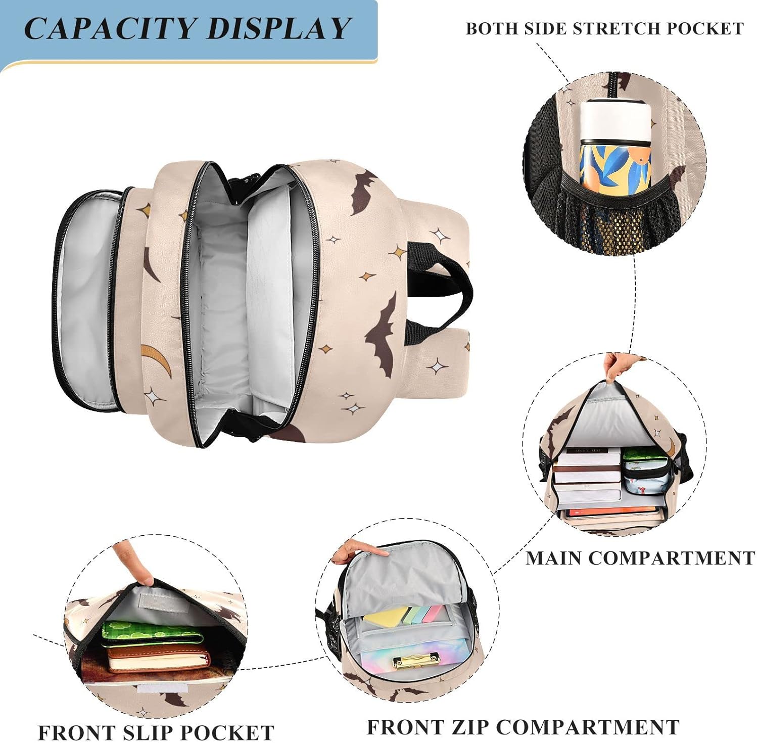 Mochila escolar bohemia de murciélagos de Halloween, mochila ligera para portátil, mochila de viaje para estudiantes con rayas reflectantes, Varios