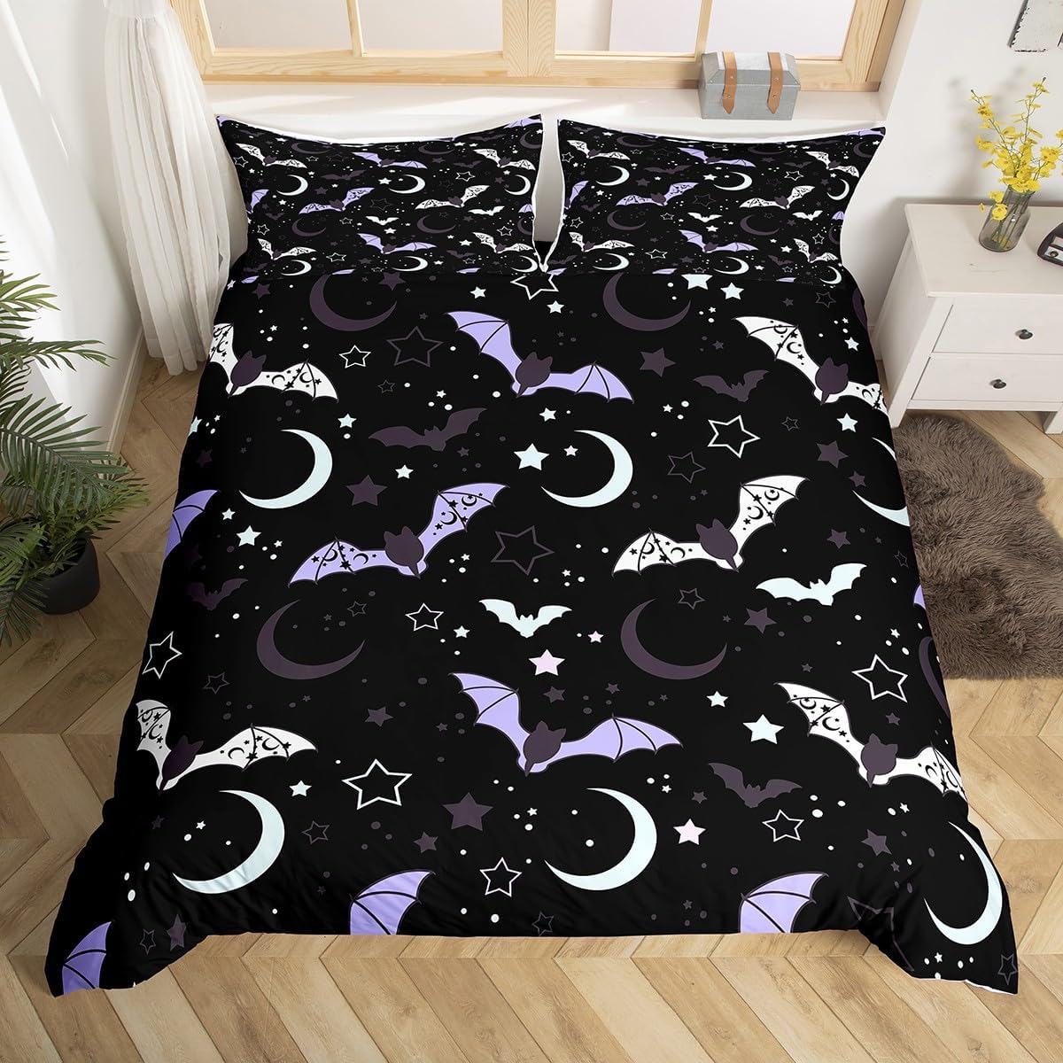 Feelyou Juego de funda de edredón con diseño de murciélagos, tamaño King, juego de ropa de cama de Halloween para niños y niñas, estampado de