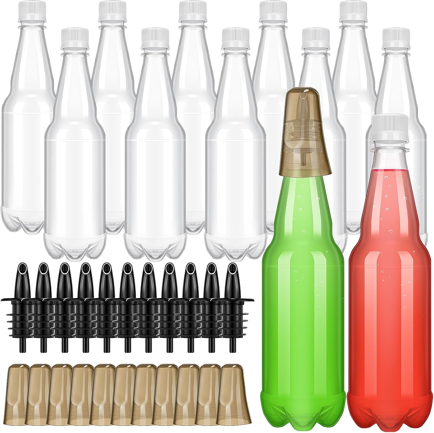 12 juegos de botellas de plástico de cuello largo con vertedor y vertedor de licor, botellas de vino transparentes vacías de 17 onzas con tapas,