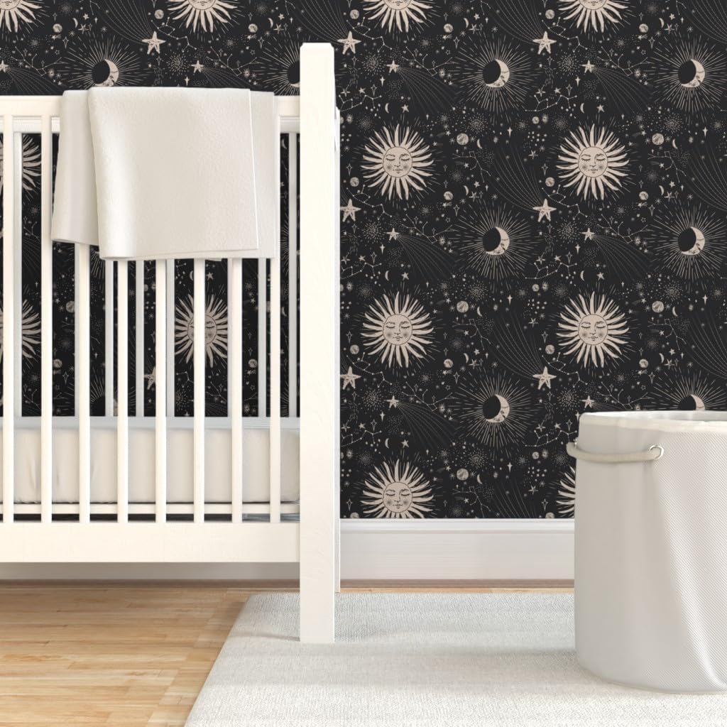 Spoonflower Papel tapiz para despegar y pegar – Boho Astronomía Celestial Astrología Negro Beige Bohemio Femenino Papel pintado extraíble