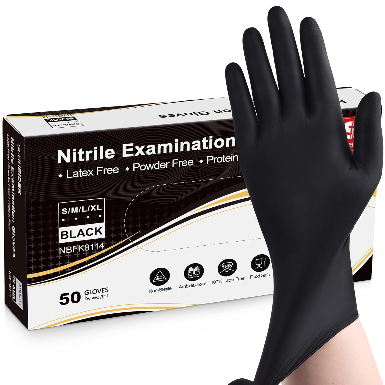 Schneider Guantes de examen de nitrilo, negro, XL, caja de 50, guantes desechables de nitrilo, sin látex, sin polvo, seguros para alimentos, no
